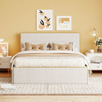 Full Size Upholstered Platform Bed with 4 Drawers and Golden Edge on the Headboard & Footboard, White