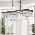 Chandeliers,Rectangular Crystal Chandelier Adjustable,E12 Modern Industrial Crystal Lights,Farmhouse Iron Ceiling Hanging Light for Kitchen Living Room Bedroom/Black(Bulb Not Included)