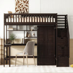 Twin size Loft Bed with Bookshelf,Drawers,Desk,and Wardrobe-Espresso