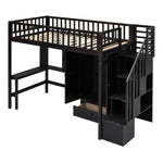 Twin size Loft Bed with Bookshelf,Drawers,Desk,and Wardrobe-Espresso