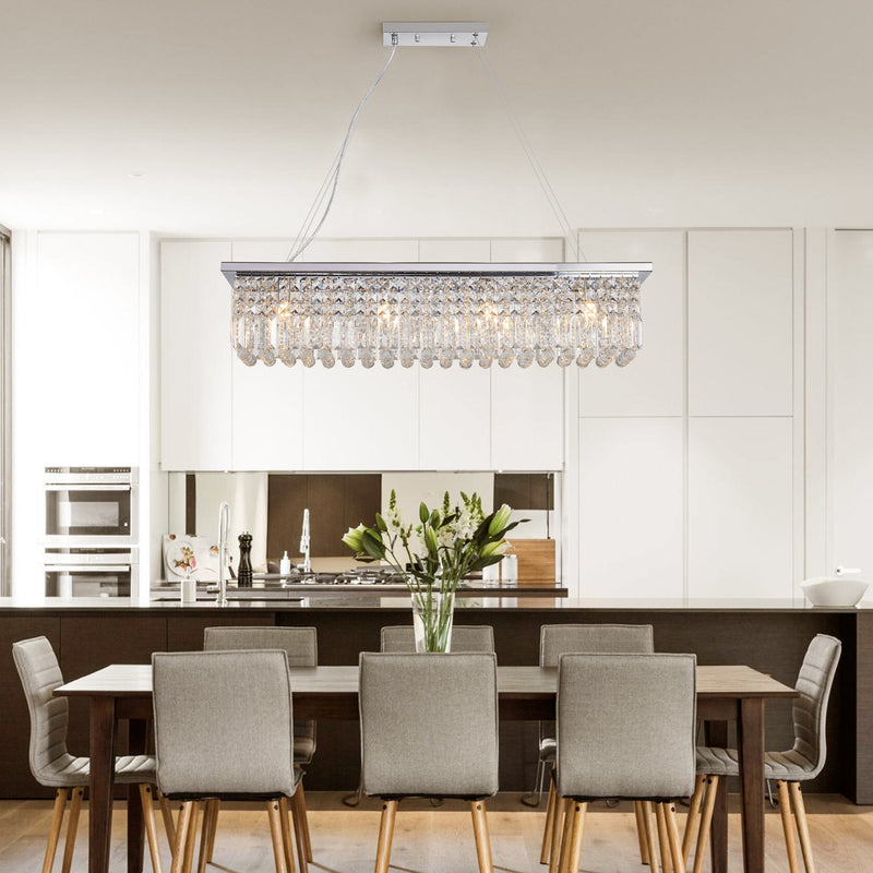 Modern Crystal Chandelier for Dining Room 8-Light White Rectangle Raindrop Chandelier Contemporary Rectangular Pendant Light Fixture for Kitchen Island Bar L39.4'' x W9.8'' x H8.7'(Bulb Not Included)